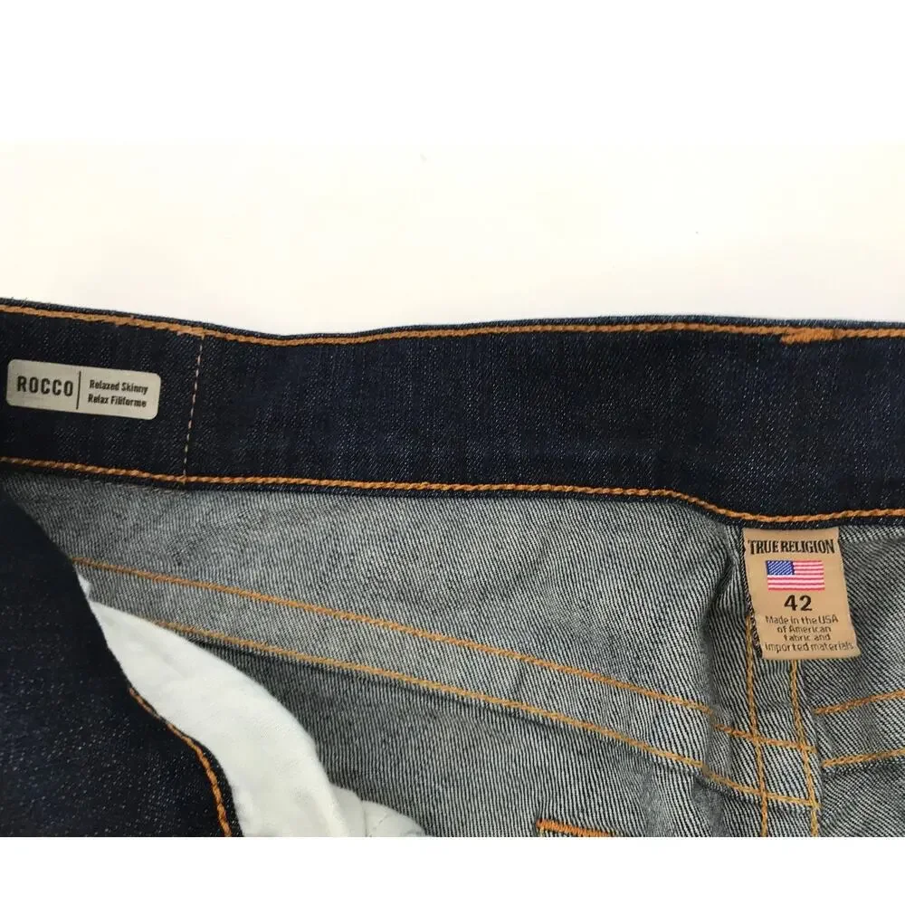 True Religion Mens Rocco Dark Wash Relaxed Skinny Button Fly Jeans 42
